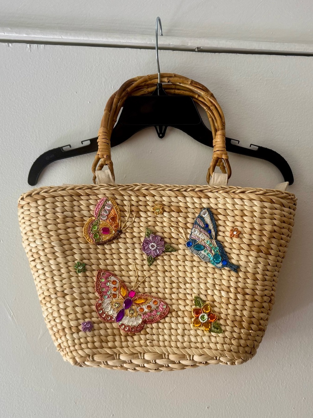 Cappelli Straworld Natural Straw Tote Colorful Embellished Butterflies 15x9” - Picture 15 of 16